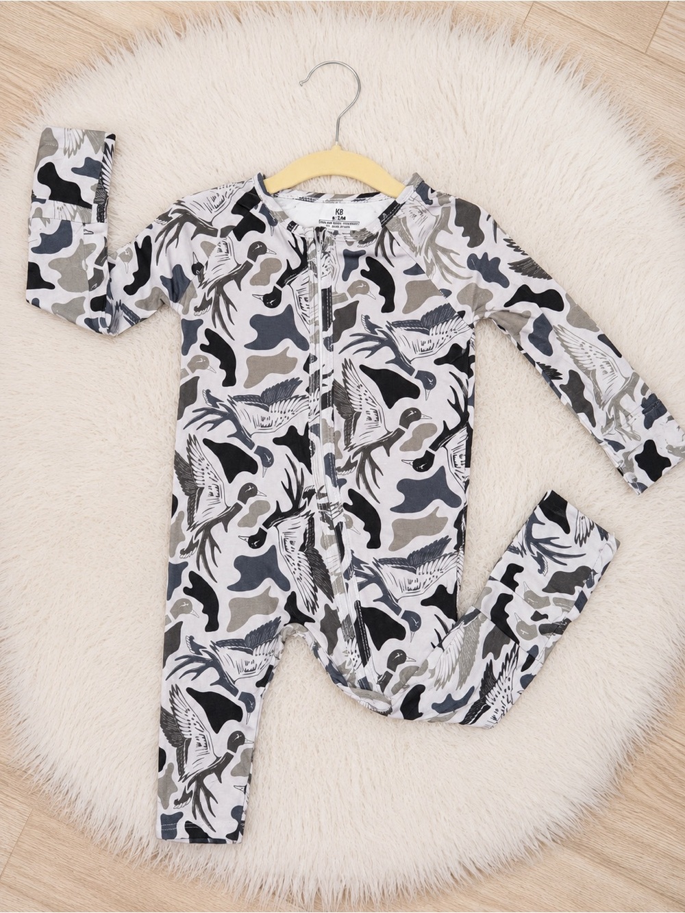 Kids Gray Camo Bird Zip One-Piece Footie Pajamas